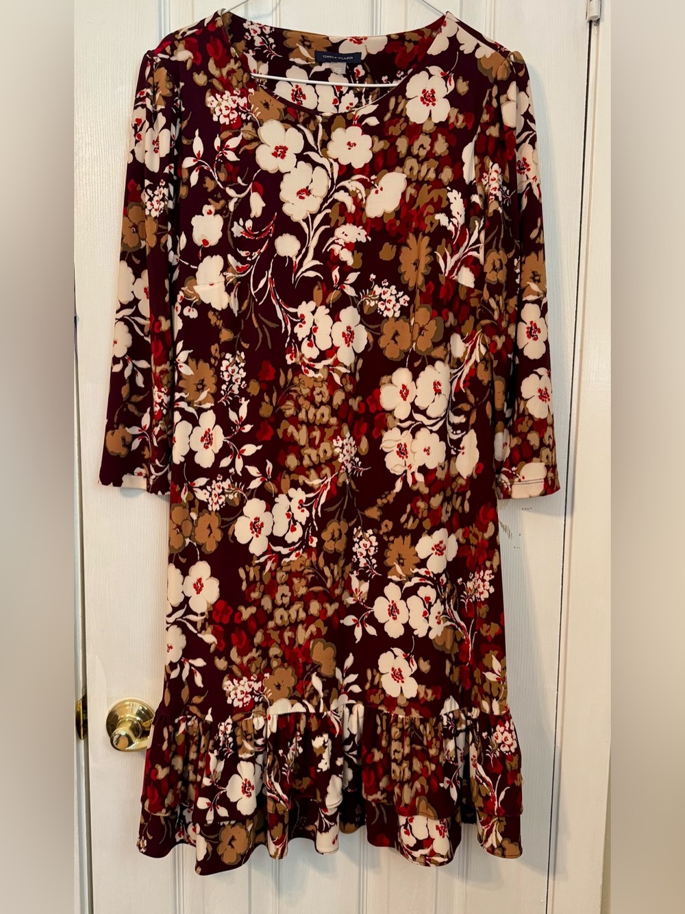 Tommy Hilfiger Burgundy Floral Long Sleeve Ruffle-Hem Dress Size 12